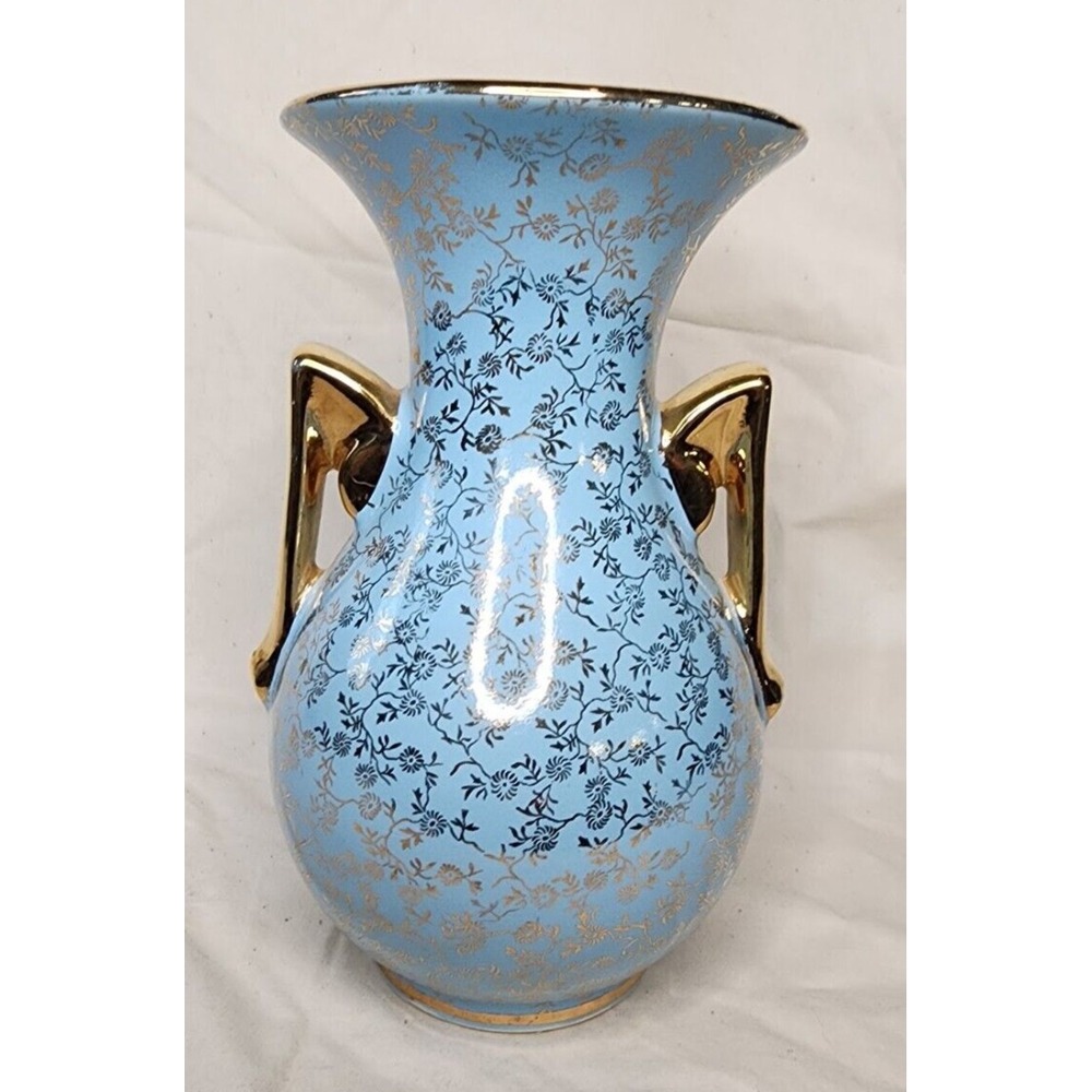 VTG Pearl China Co. Blue 22K Gold Art Deco Warranted Double handled ceramic vase